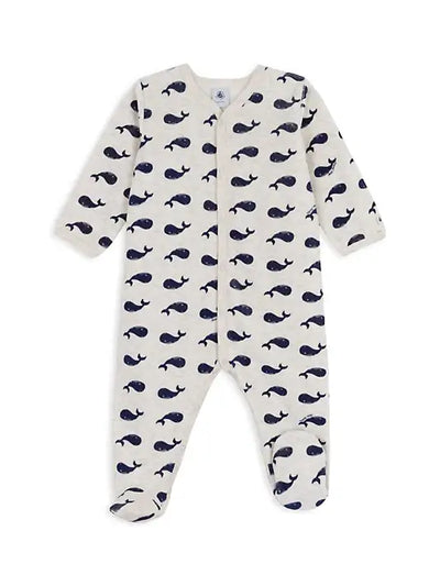 Petit Bateau Grey Heather Velour with Whale Screen Print Footie