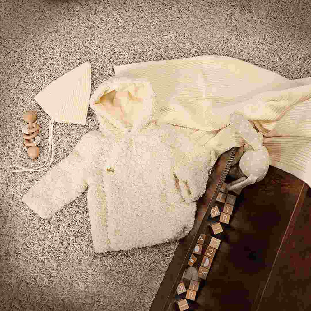 Pompomme Ivory Fur Jacket and Knit Hat