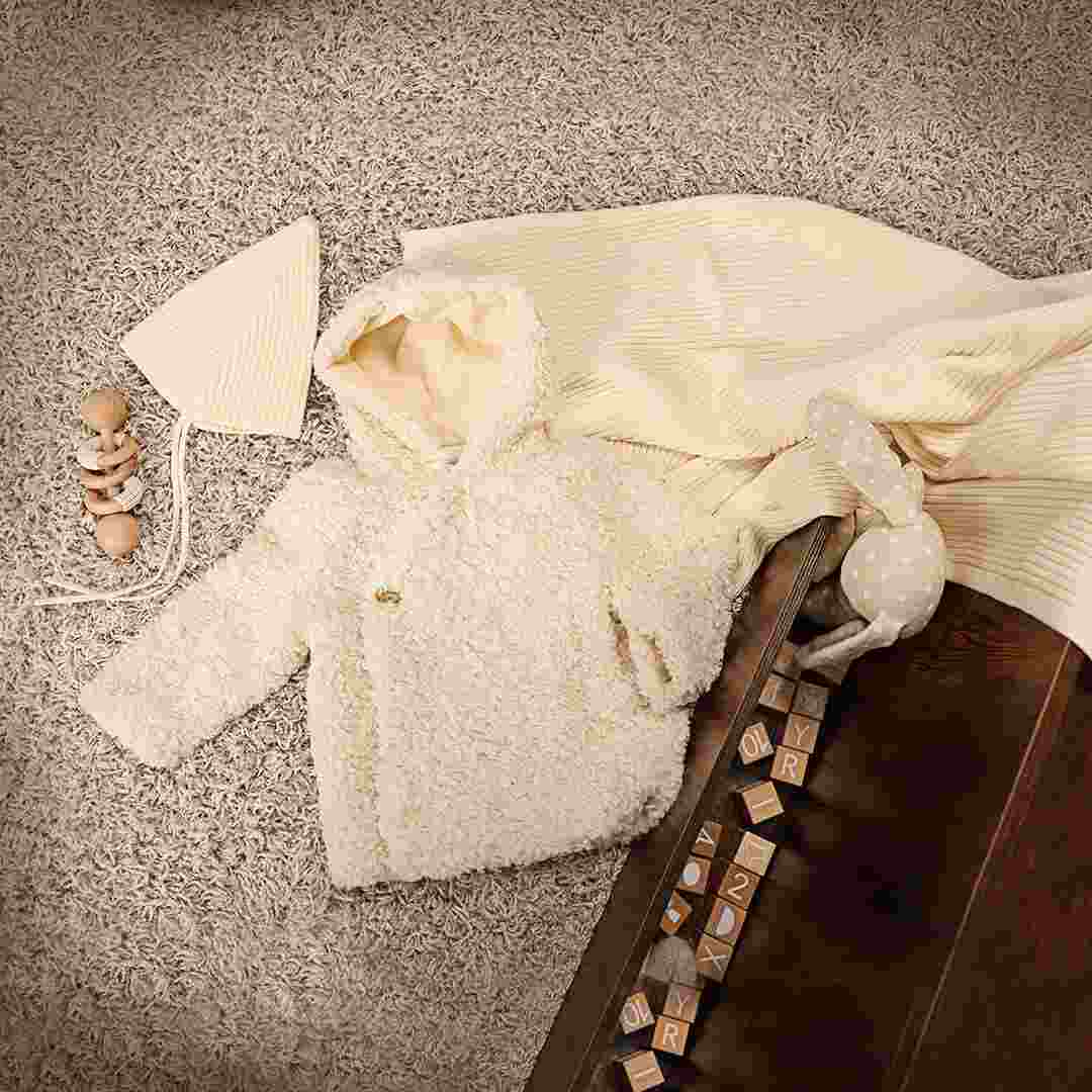 Pompomme Ivory Fur Jacket and Knit Hat