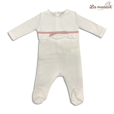Embroidered Infant Footie (White-Mauve) Scallop Knit Ribbon Bow Design
