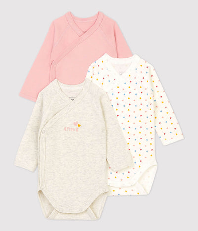 Petit Bateau Baby Girl Long Sleeve Crossover Heart Bodysuits (Pack of 3)