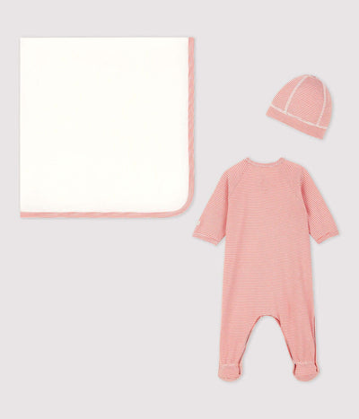 Petit Bateau Baby Gift Set Iconic Rib Footie(Sleepsuit) , Hat(Bonnet) & Blanket (Pink)