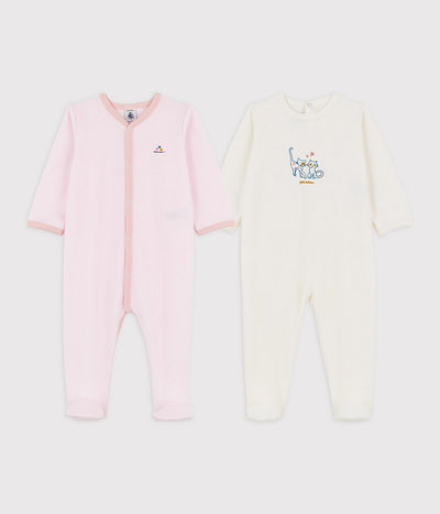 Petit Bateau Baby Girl 2 Pack Velour Footies With Graphics