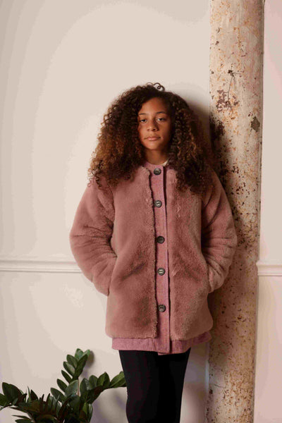Girls Tweed Fur Coat Mauve Color