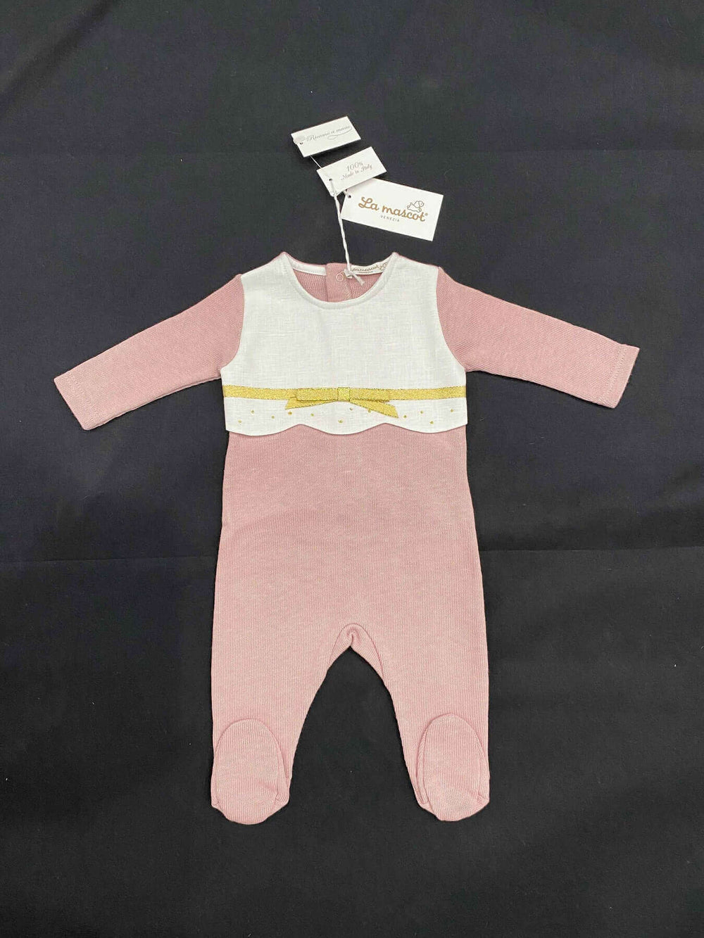 La Mascot Scallop Knit Ribbon Bow Design Footie (Mauve-White-Gold)