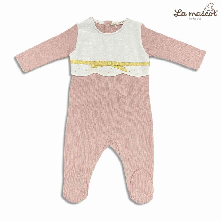 La Mascot Scallop Knit Ribbon Bow Design Footie (Mauve-White-Gold)