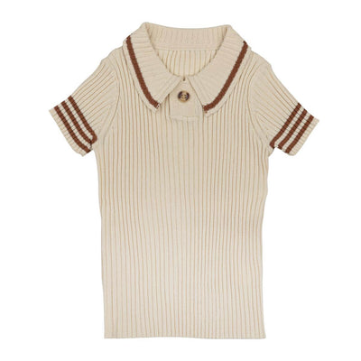 Sweet Threads Ribbed Short Sleeve Jordyn Top With Collar And Wooden Button