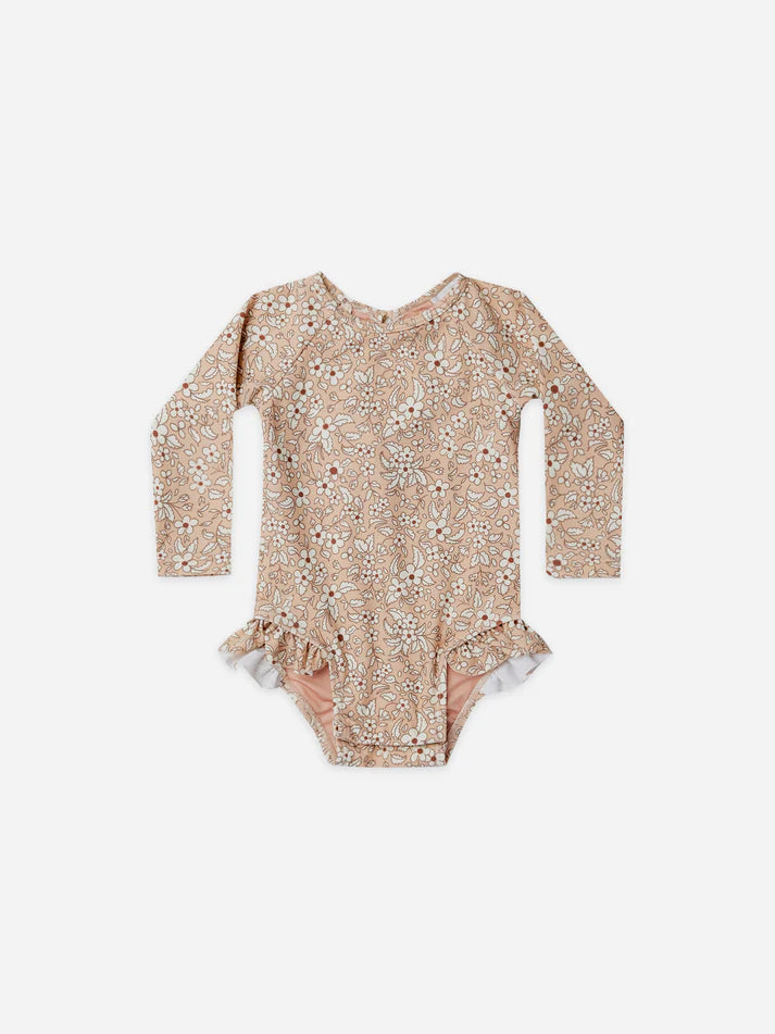Quincy Mae Apricot Floral One-Piece Girls Rashguard