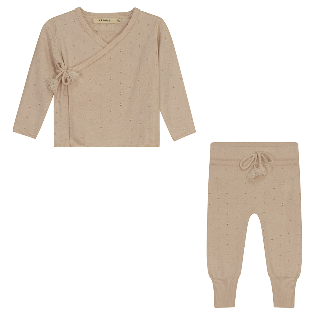 fragile baby knit 2 piece with overlap closure string and tassel