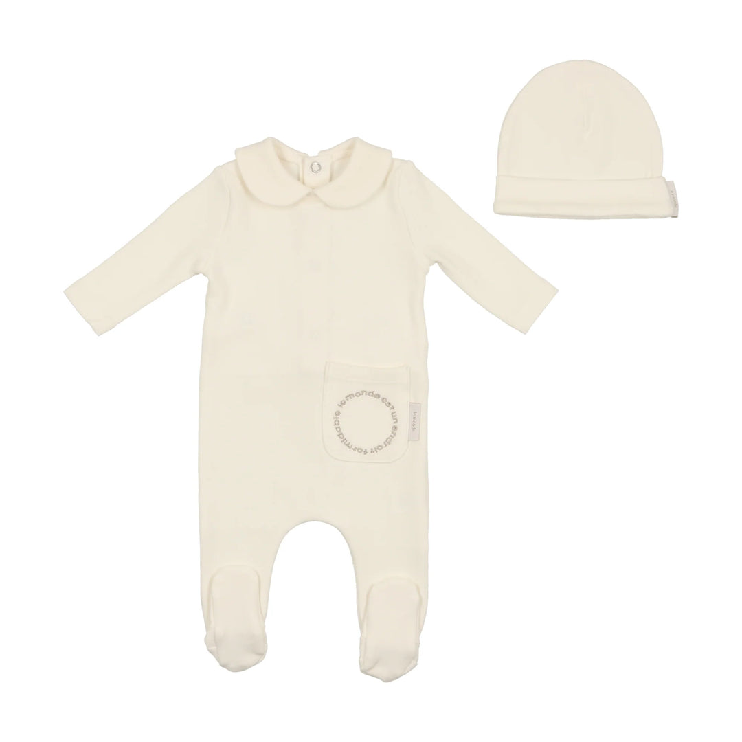 Bee & Dee Ivory French Script Footie + Beanie