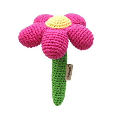 cheengo magenta flower hand crocheted rattle