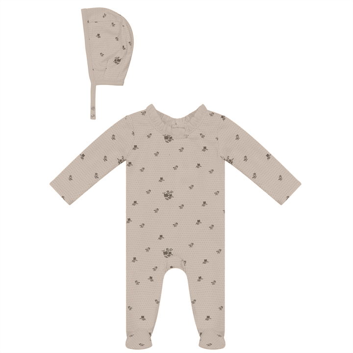Fragile Floral Print Ruffle footie + Bonnet