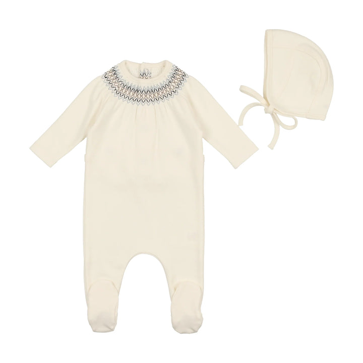 Bee & Dee Blue Stitch Smocked Embroidery Footie with Bonnet
