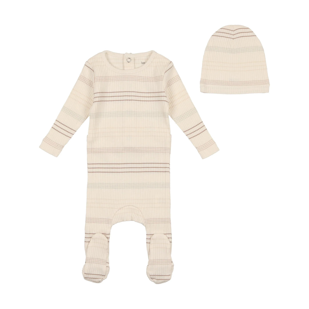 Bee & Dee Taupe Stripe Footie + Beanie