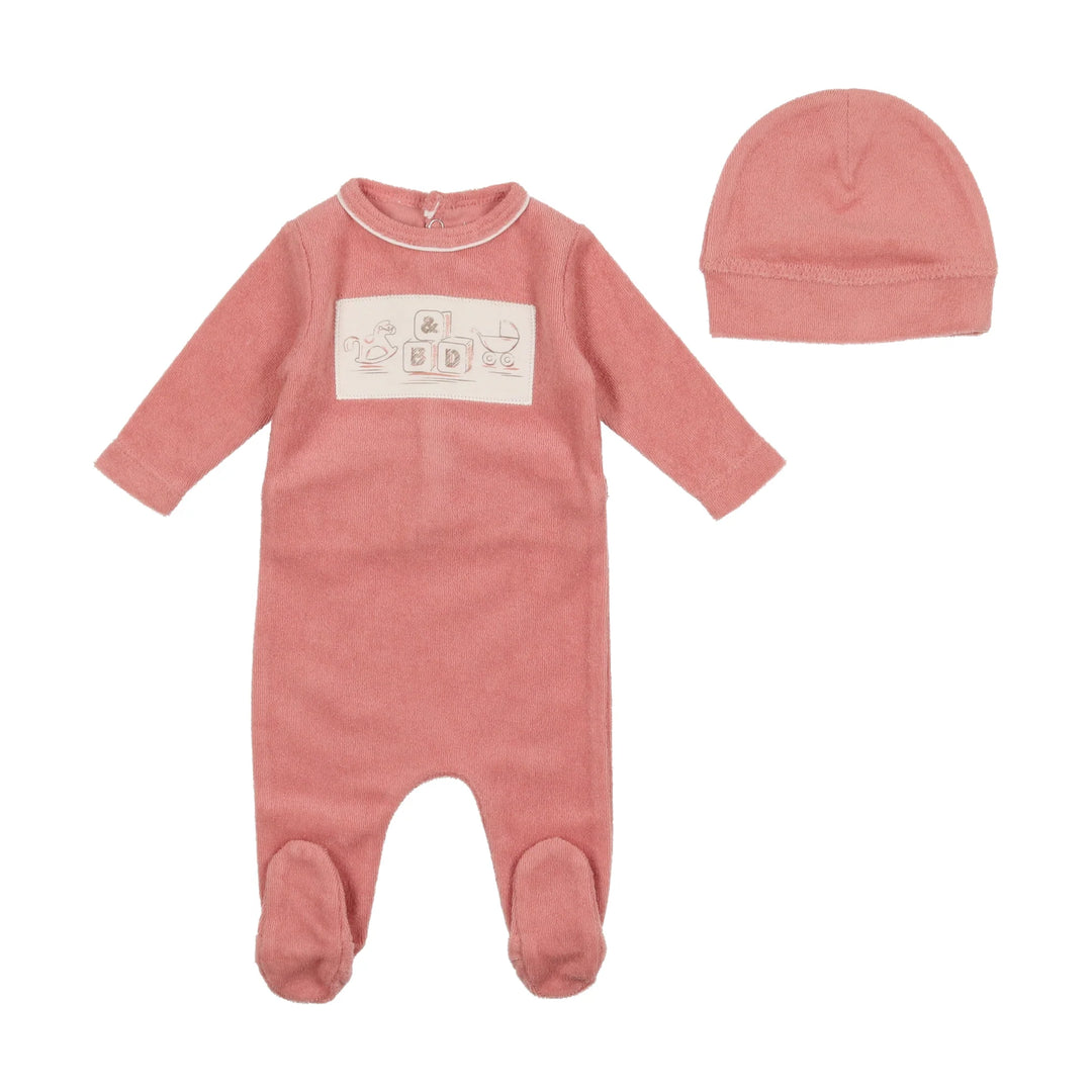 Bee & Dee Ditsy Pink Terry Center Print Footie + Beanie