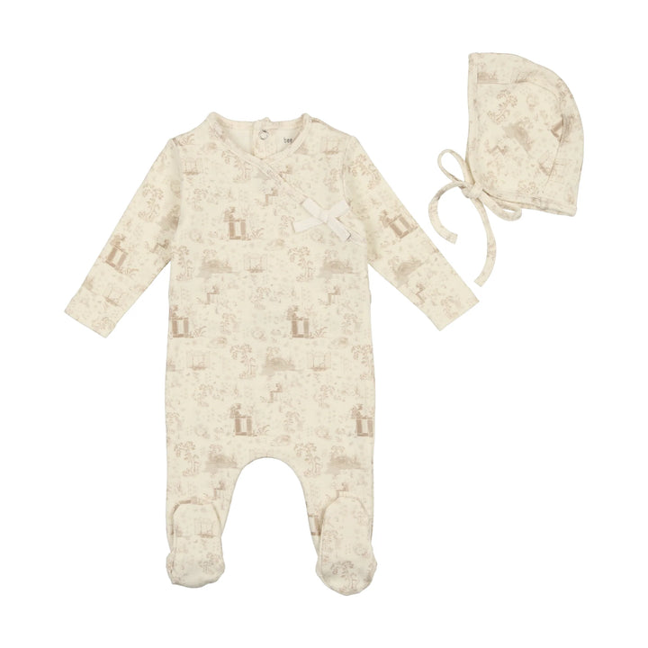 Bee & Dee Taupe Toile Footie + Bonnet