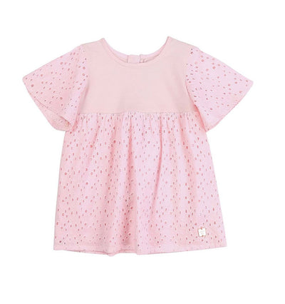baby girl short sleeve pink french embroidery jersey dress